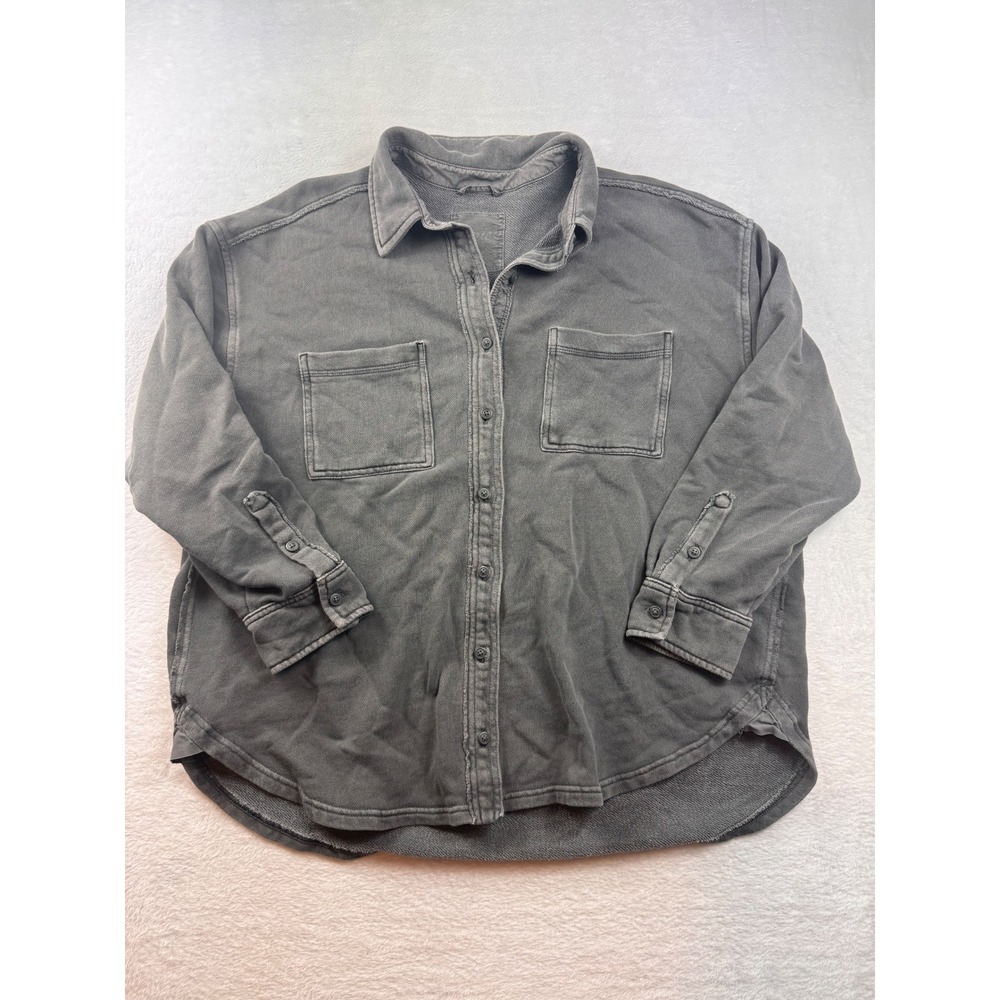 Aerie Oversized French Terry Button Down Shirt Charcoal Gray XS